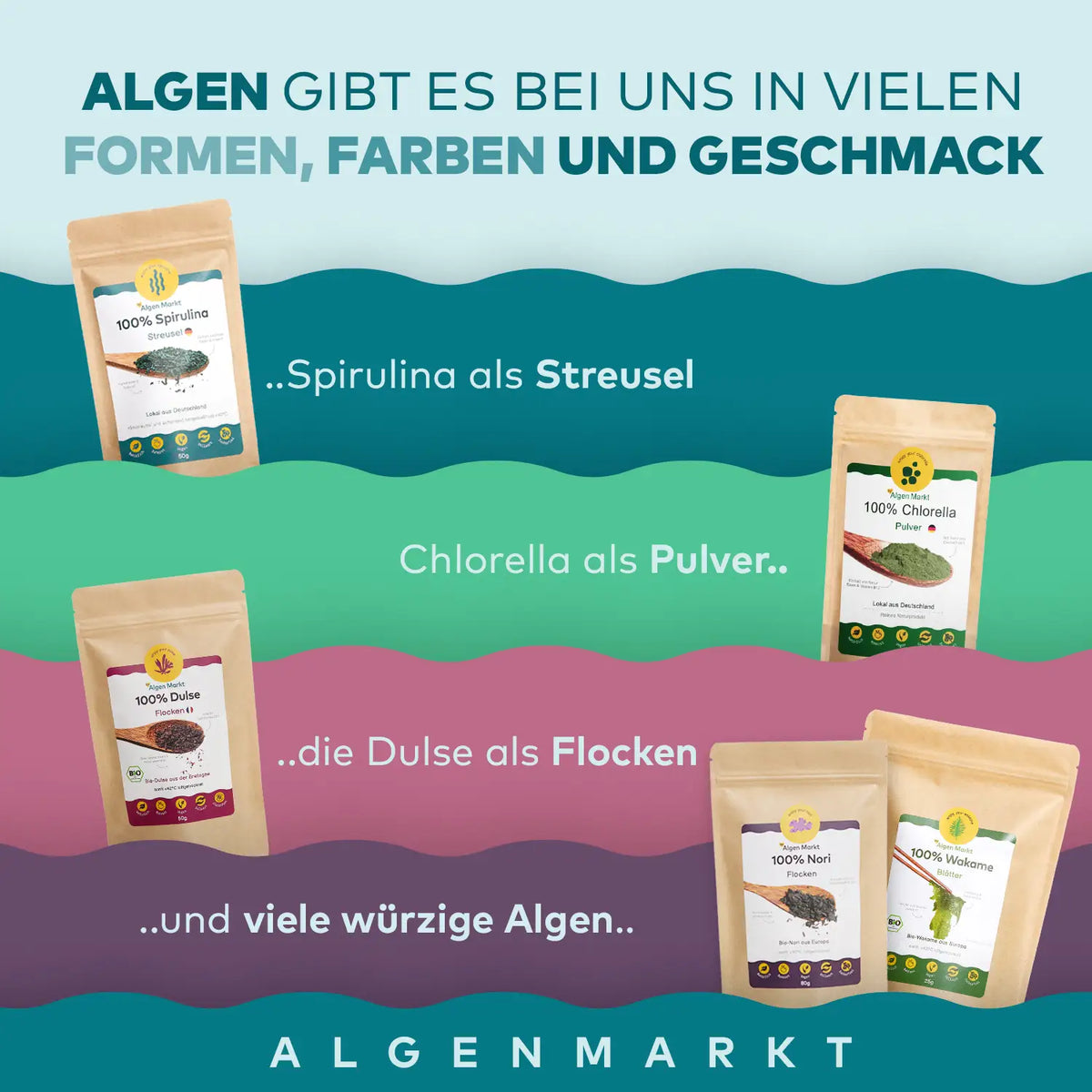 algen sortiment von blaue Spirulina streusel, Grüne Chlorella pulver und rote Dulse flocken bietet algenmarkt viel algen an.