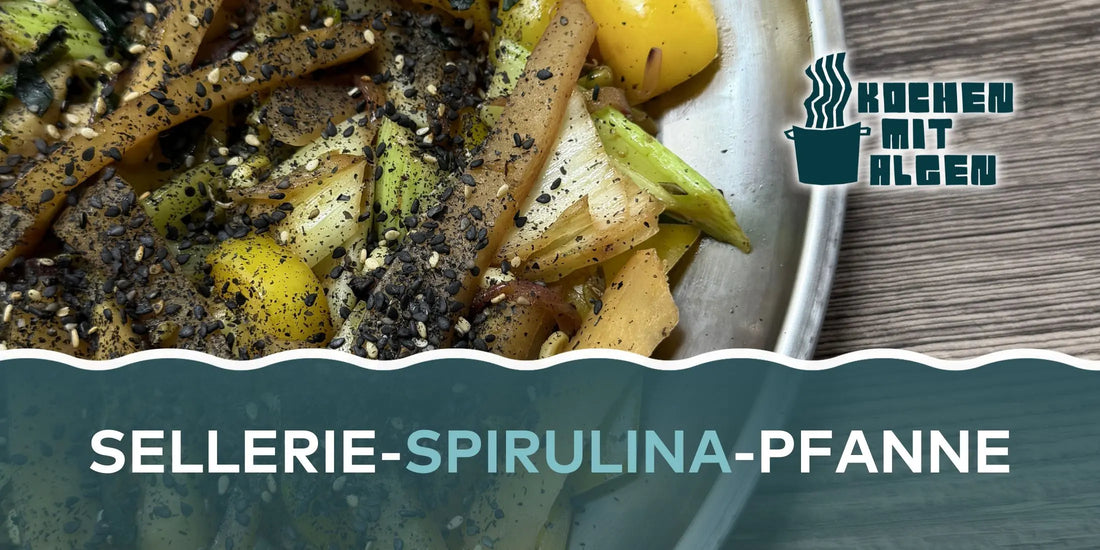 Sellerie-Pfanne mit Algen, buntem Gemüse und Mungbohnensprossen in einer Pfanne angerichtet – gesundes veganes Superfood-Gericht, schnell zubereitet von Kochen mit Algen