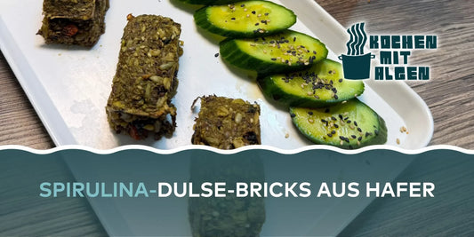 Algen-Bricks aus Hafer mit Spirulina und Dulse, herzhafter veganer Snack auf Teller mit Gurkenscheiben und Sesam, Banner „Kochen mit Algen“