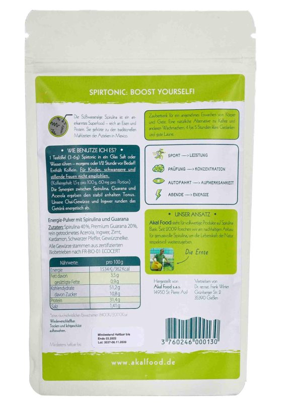 Bio Spirtonic Energie-Pulver von Algenmarkt 100g im weißen Standbeutel mit grünem Label