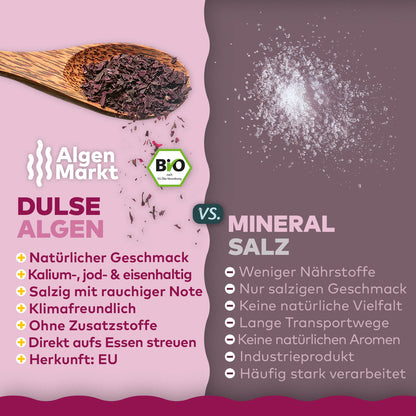 Vergleich Dulse Algen von Algenmarkt gegen Mineralsalz als Infografik mit Löffel und Salz