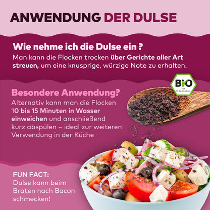 Infografik Anwendung der Dulse-Flocken von Algenmarkt: streuen oder einweichen, mit Salatschale