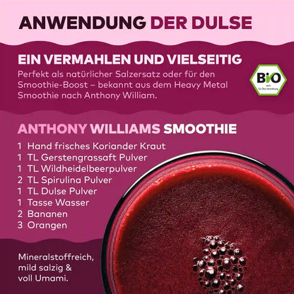 Infografik Anwendung Dulse-Pulver von Algenmarkt: als Salzersatz und im Smoothie, mit Rezept