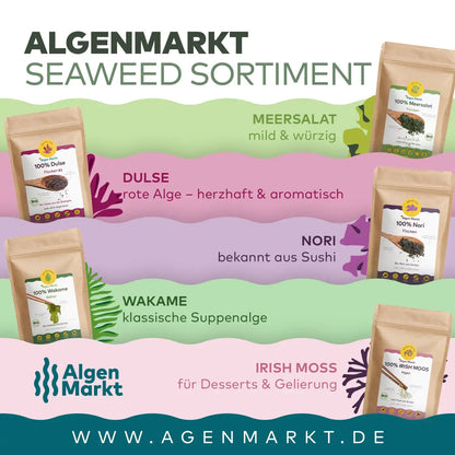 Algenmarkt Seaweed Sortiment mit Meersalat, Dulse, Nori, Wakame und Irish Moss