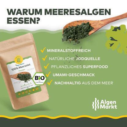Infografik Warum Meeresalgen essen mit Bio Meersalat Flocken von Algenmarkt und Löffel grüner Algen