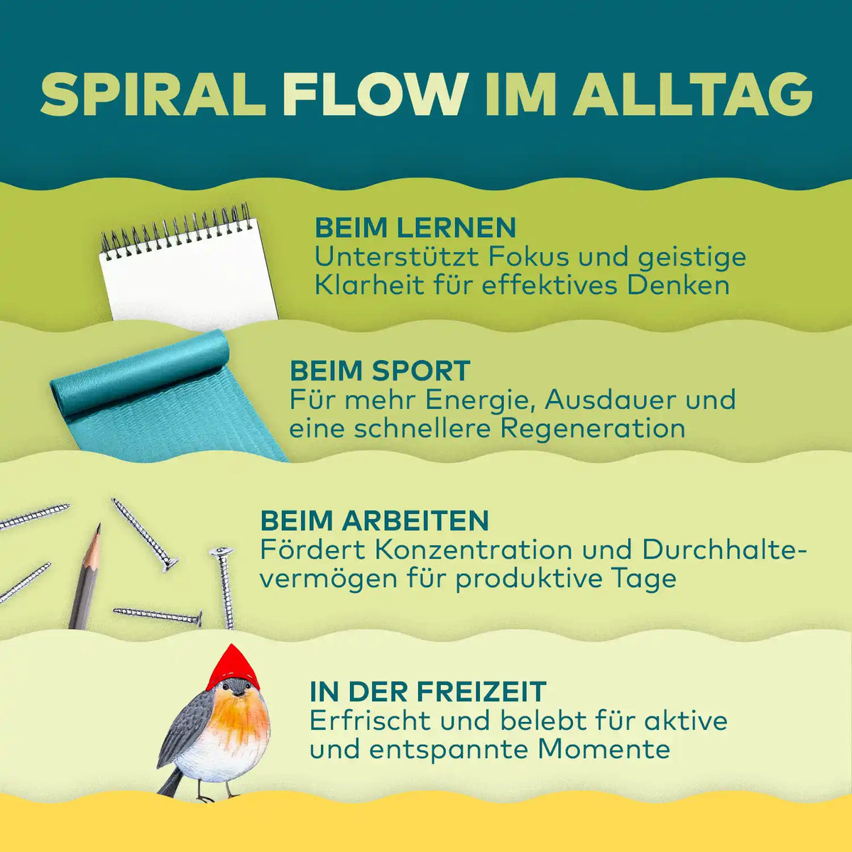 Infografik Spiral Flow im Alltag: Einsatz beim Lernen, Sport, Arbeiten und in der Freizeit