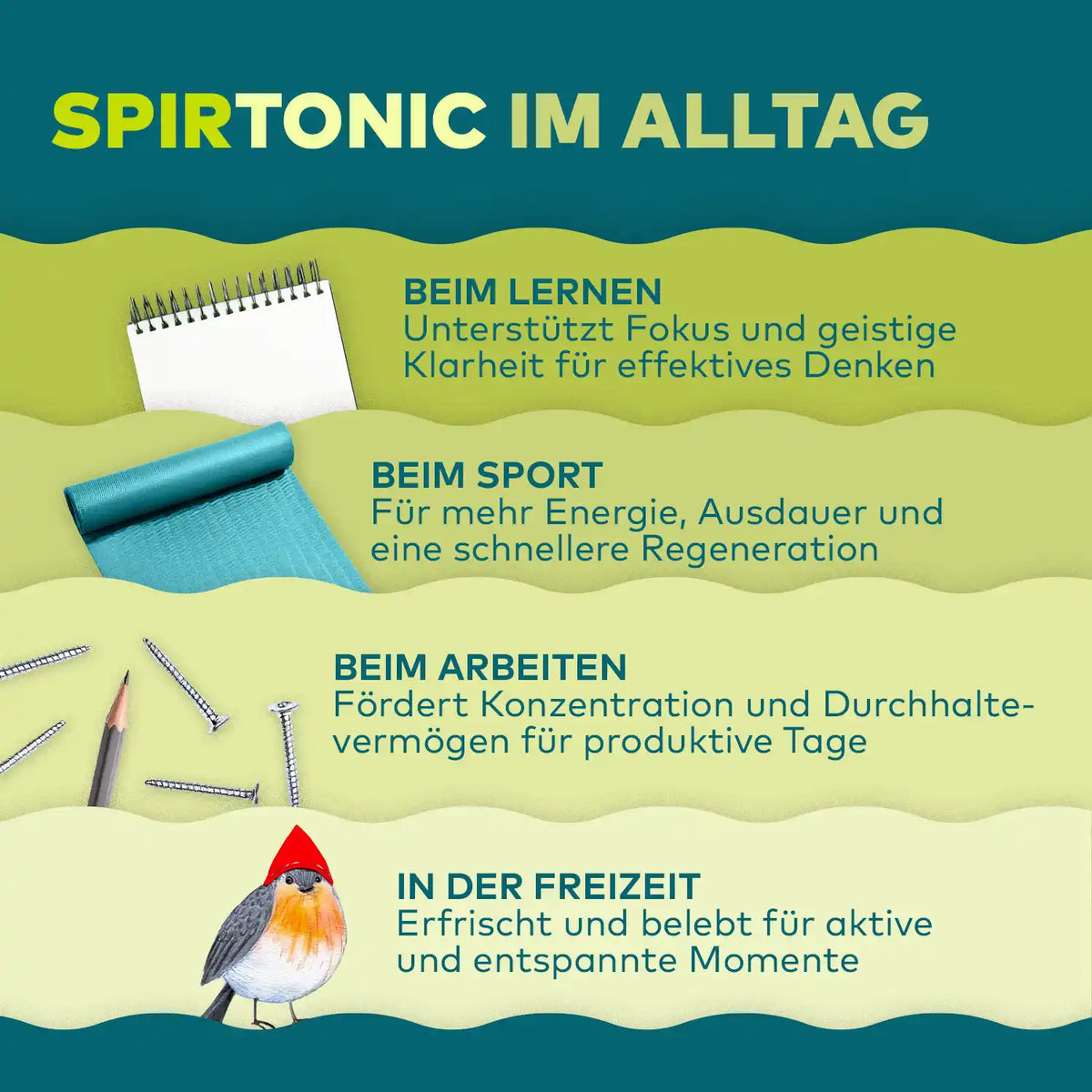 Infografik Spirtonic im Alltag: Einsatz beim Lernen, Sport, Arbeiten und in der Freizeit