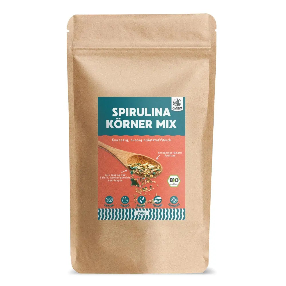 Bio Spirulina Körner Mix 250g von Algenmarkt als knuspriges Topping im Standbeutel