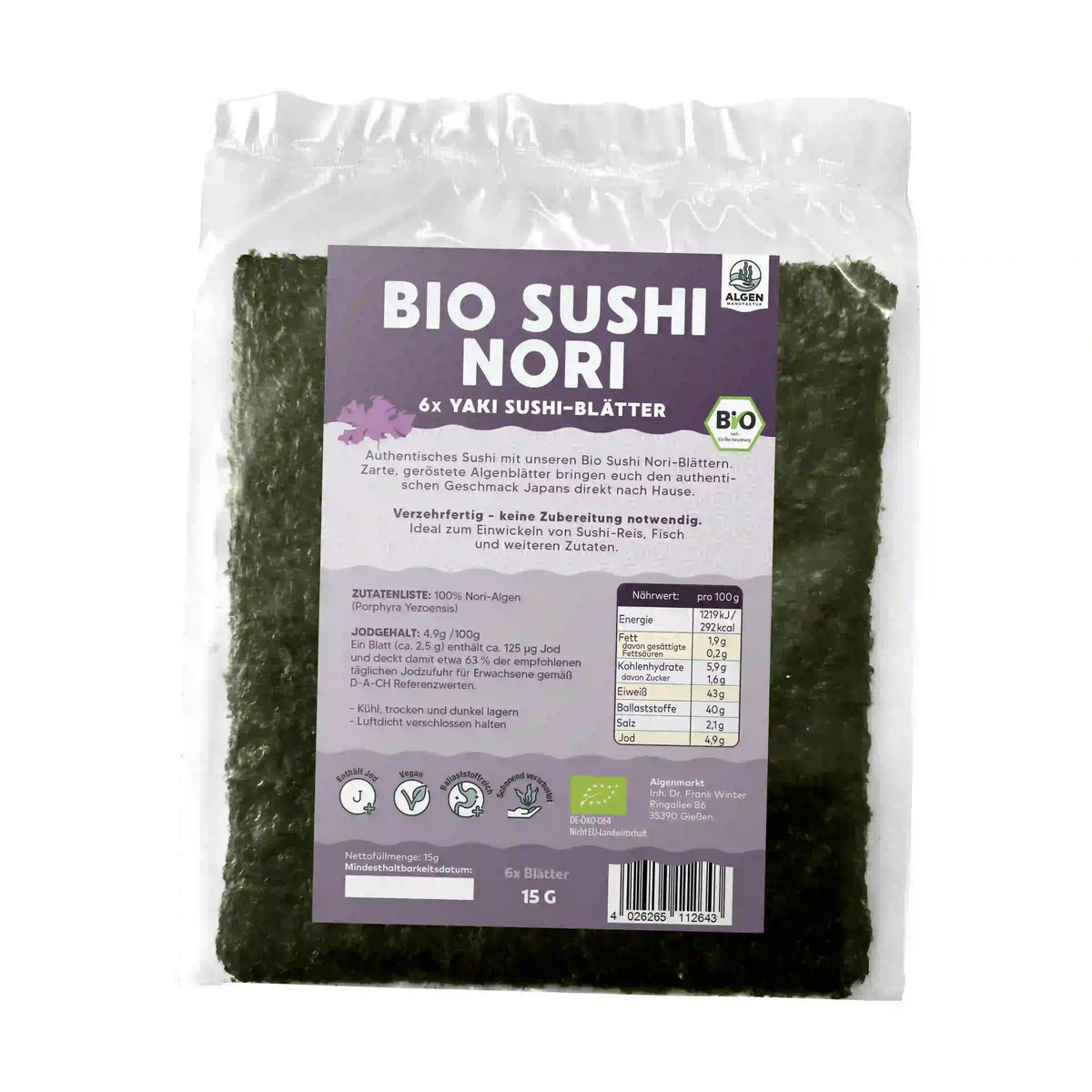Rückseite Bio Sushi Nori 6 Yaki-Blätter mit Nährwerten, Zutaten und Bio-Siegel