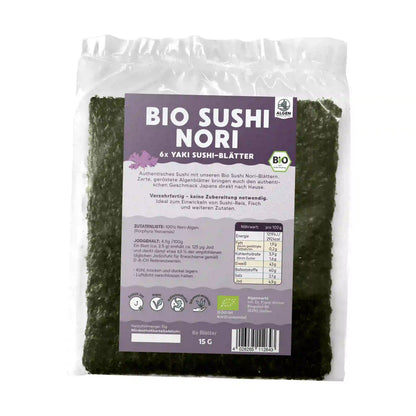 Rückseite Bio Sushi Nori 6 Yaki-Blätter mit Nährwerten, Zutaten und Bio-Siegel
