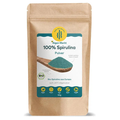 Bio Spirulina Pulver 50g von Algenmarkt im Kraftpapier-Standbeutel mit türkisem Label