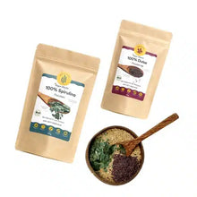 Algen Gomasio Set mit Bio Spirulina- und Dulse-Flocken von Algenmarkt, dazu Kokosschale mit Sesam und Löffel