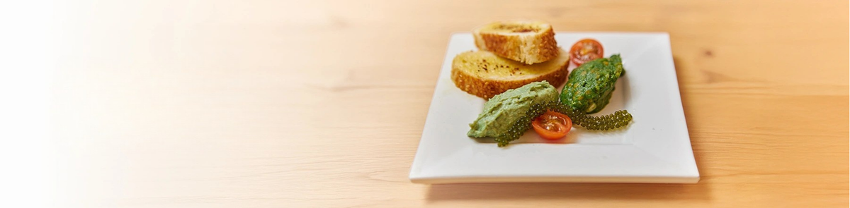 Brot und grüne Algen-Bällchen auf Teller – Rezepte-Banner von Algenmarkt