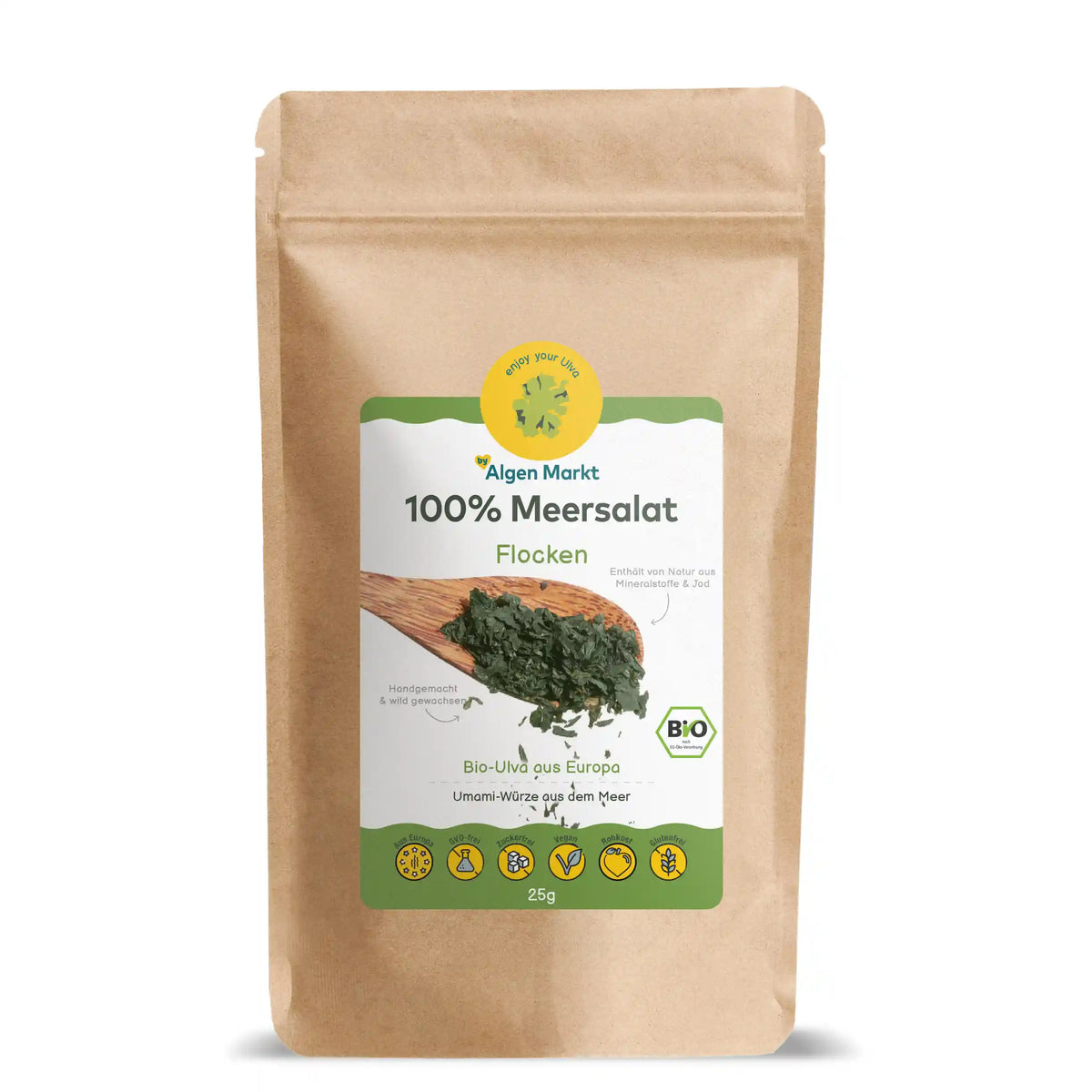 Bio Meersalat Flocken 25g von Algenmarkt – Kraftpapierbeutel mit Ulva-Algen und EU-Bio-Siegel