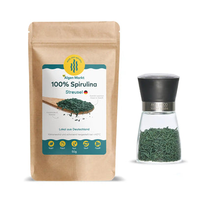 Set von Algenmarkt: Bio Spirulina Streusel und Gewürzmühle mit AKAL Food Vollwert Spirulina