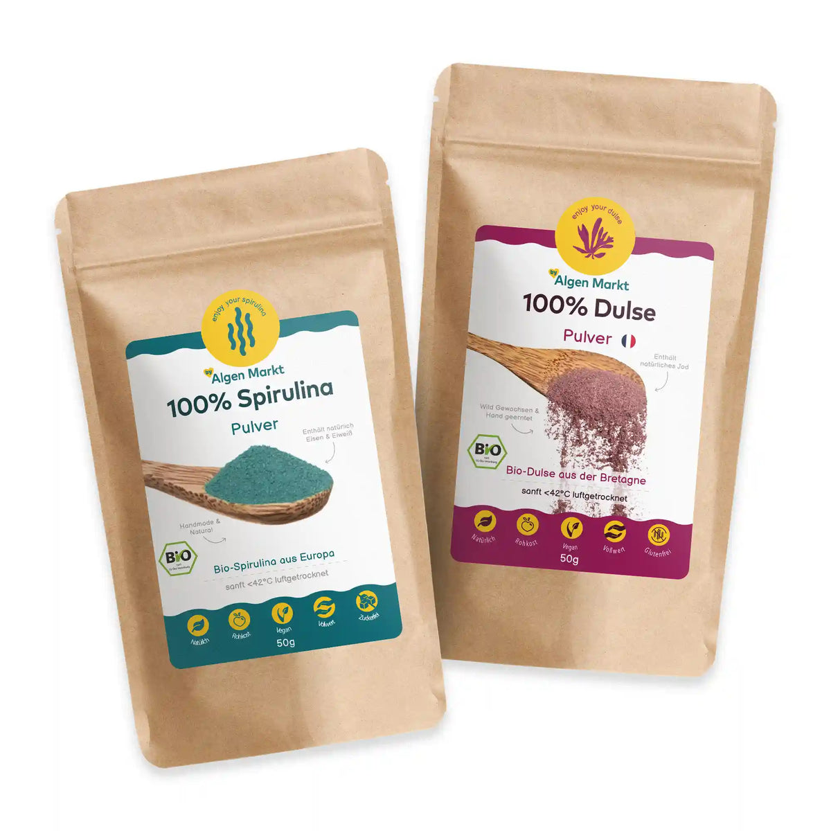 Smoothie-Set von Algenmarkt: Bio Spirulina Pulver und Bio Dulse Pulver im Kraftpapierbeutel