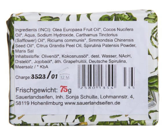Rückseite Spirulina Haarseife mit Zutatenliste und Herstellerangaben von Algenmarkt