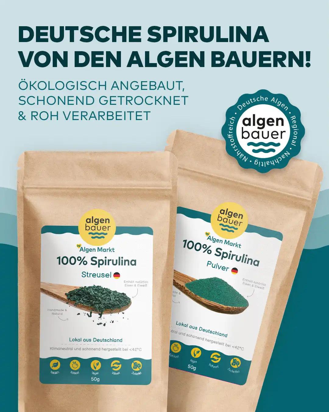 deutsche spirulina sortiment streusel pulver von die algenbauer - startseitenbanner für mobil von algenmarkt