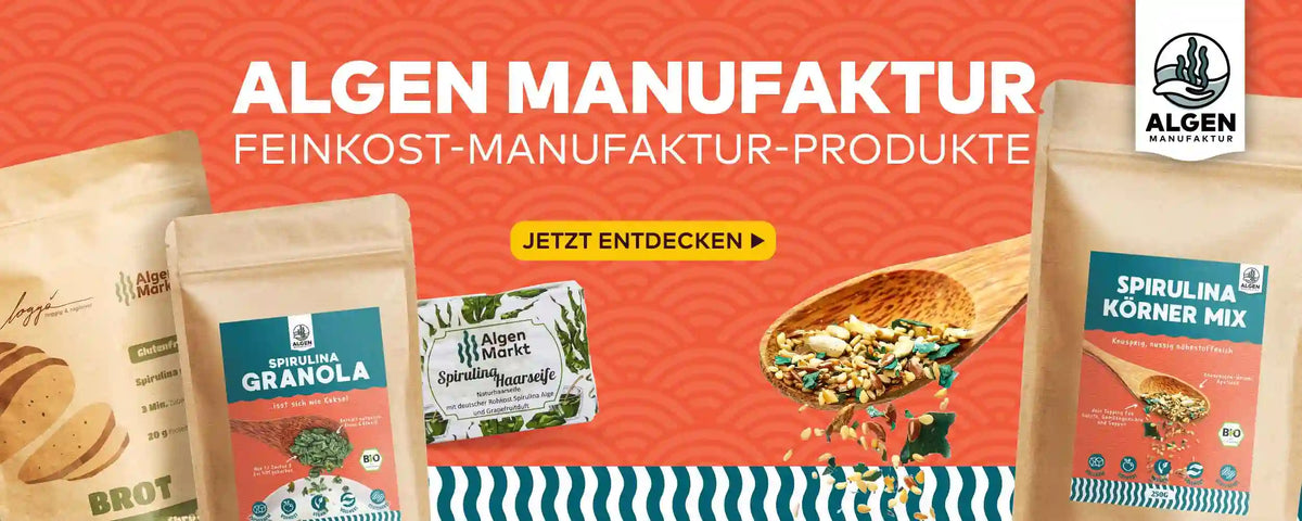 Algen Manufaktur von Algenmarkt – Feinkost-Produkte wie Spirulina-Granola, -Haarseife und Körner-Mix
