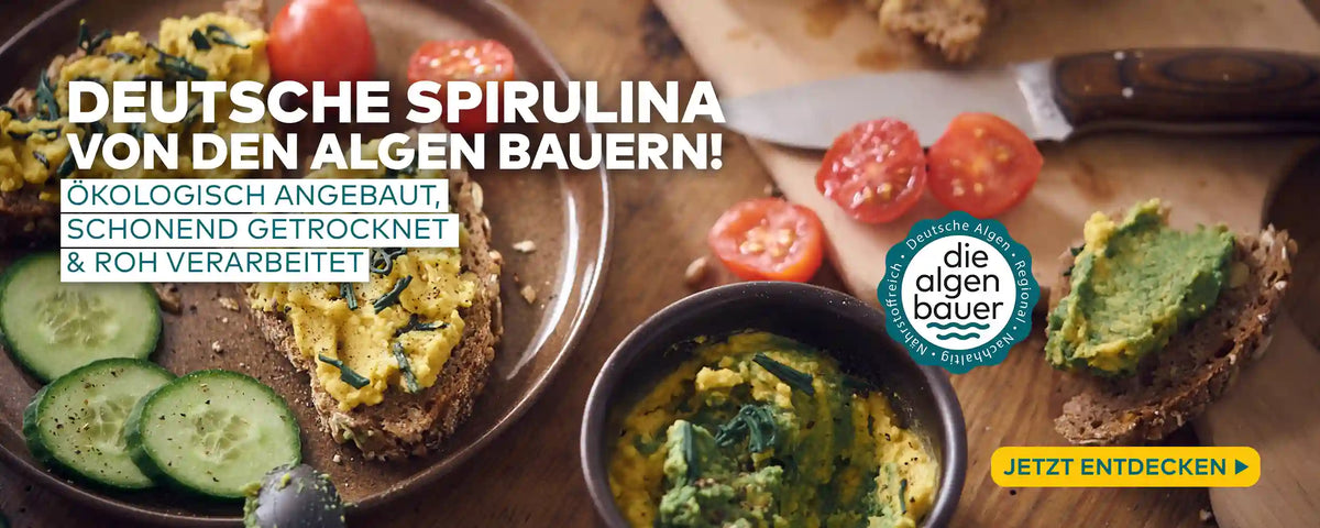 Banner Deutsche Spirulina von Algenmarkt: Brote mit grünem Aufstrich, ökologisch angebaut und roh verarbeitet
