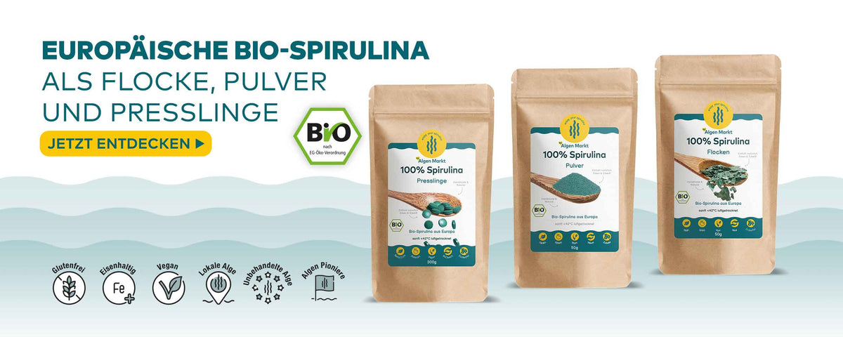 Banner europäische Bio-Spirulina von Algenmarkt als Flocken, Pulver und Presslinge