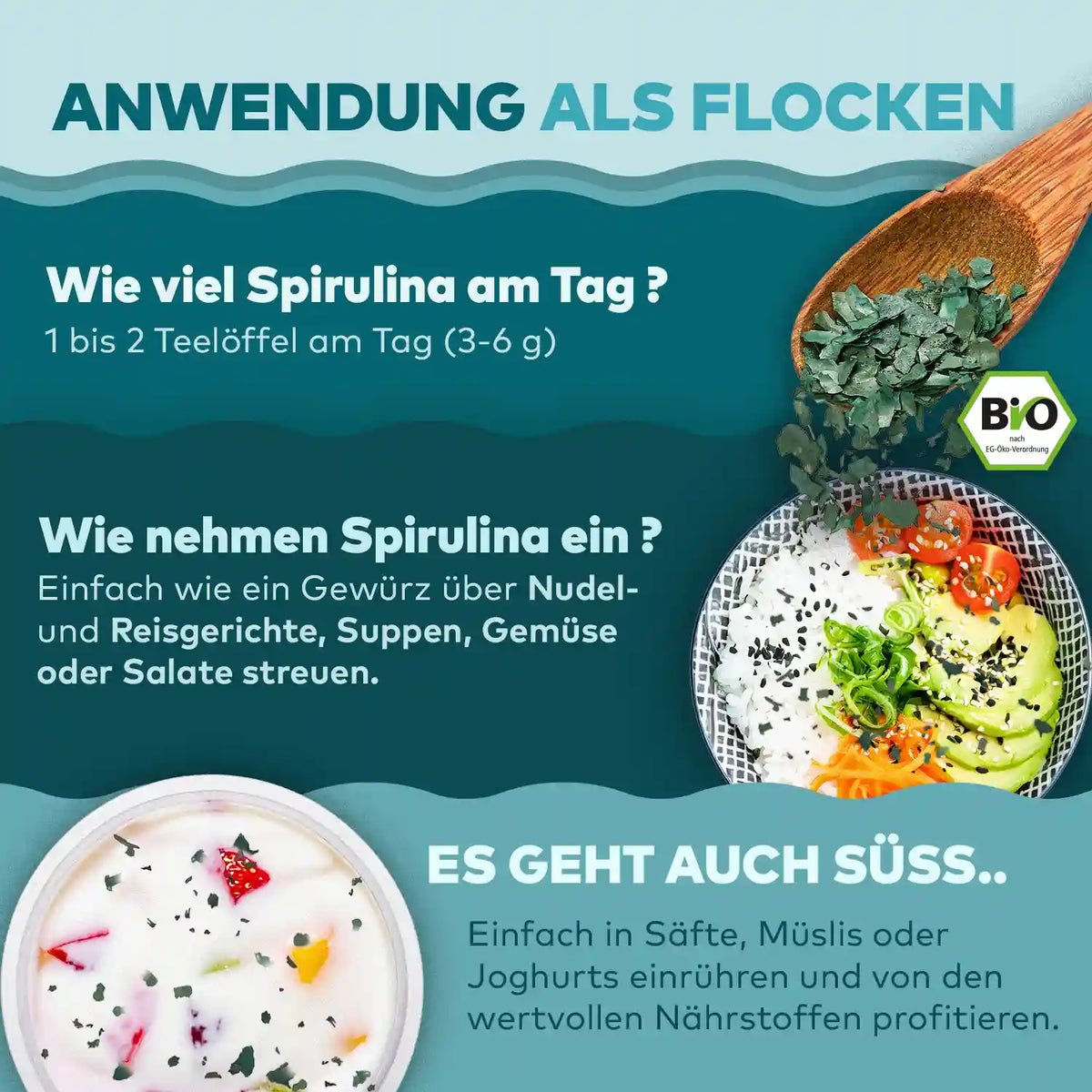 Anwendung von spirulina flocken wieviel nehmen, worauf essen- Algenmarkt