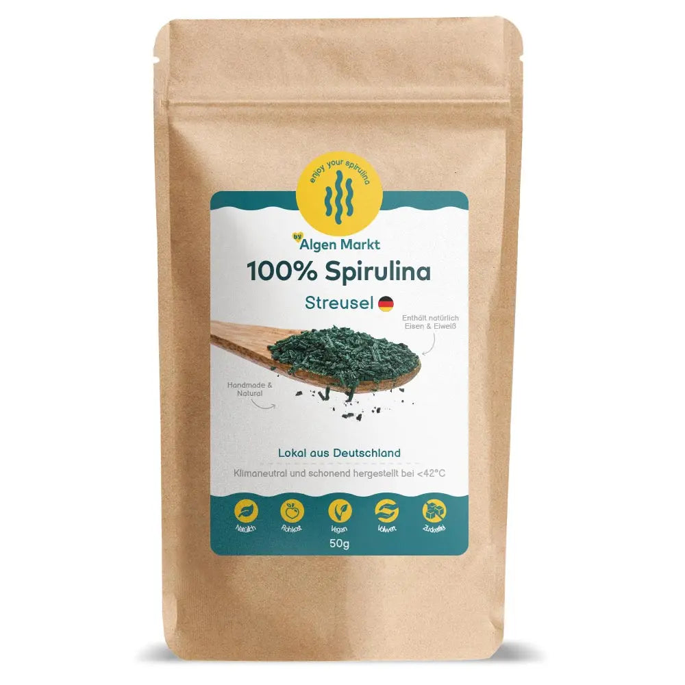 deutsche spirulina streusel beutel 50g vorderseite algenmarkt