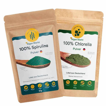 Deutsches Algen Set mit 100% Spirulina und Chlorella Pulver von Algenmarkt