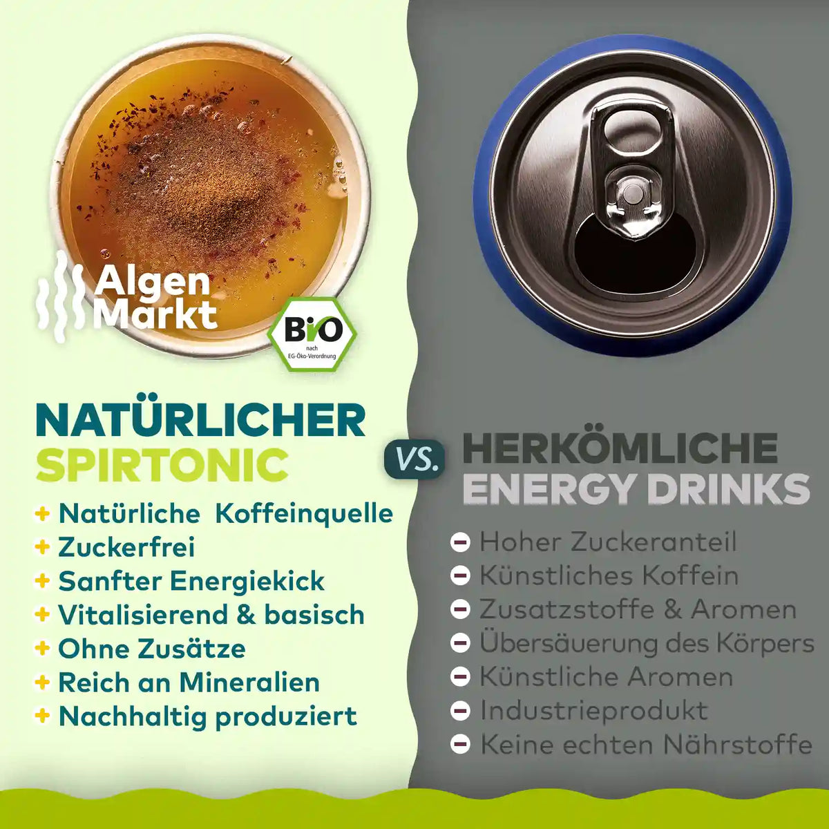 infografik von Algenmarkt über den Vergleich von spirtonic pulver mit energy drinks