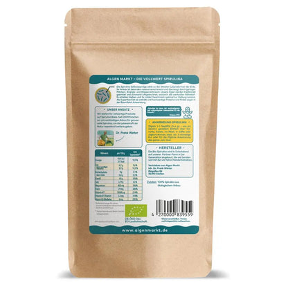 rückseite von spirulina flocken beutel 100g