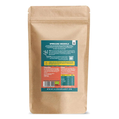 bio spirulina granola zuckerarm und Rohkost von Algenmarkt Beutel Rückseite 200g