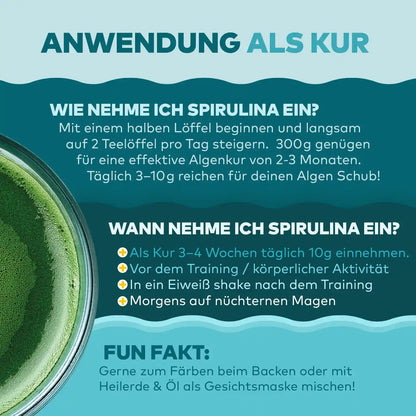 spirulina pulver anwendung als Kur infografik von algenmarkt